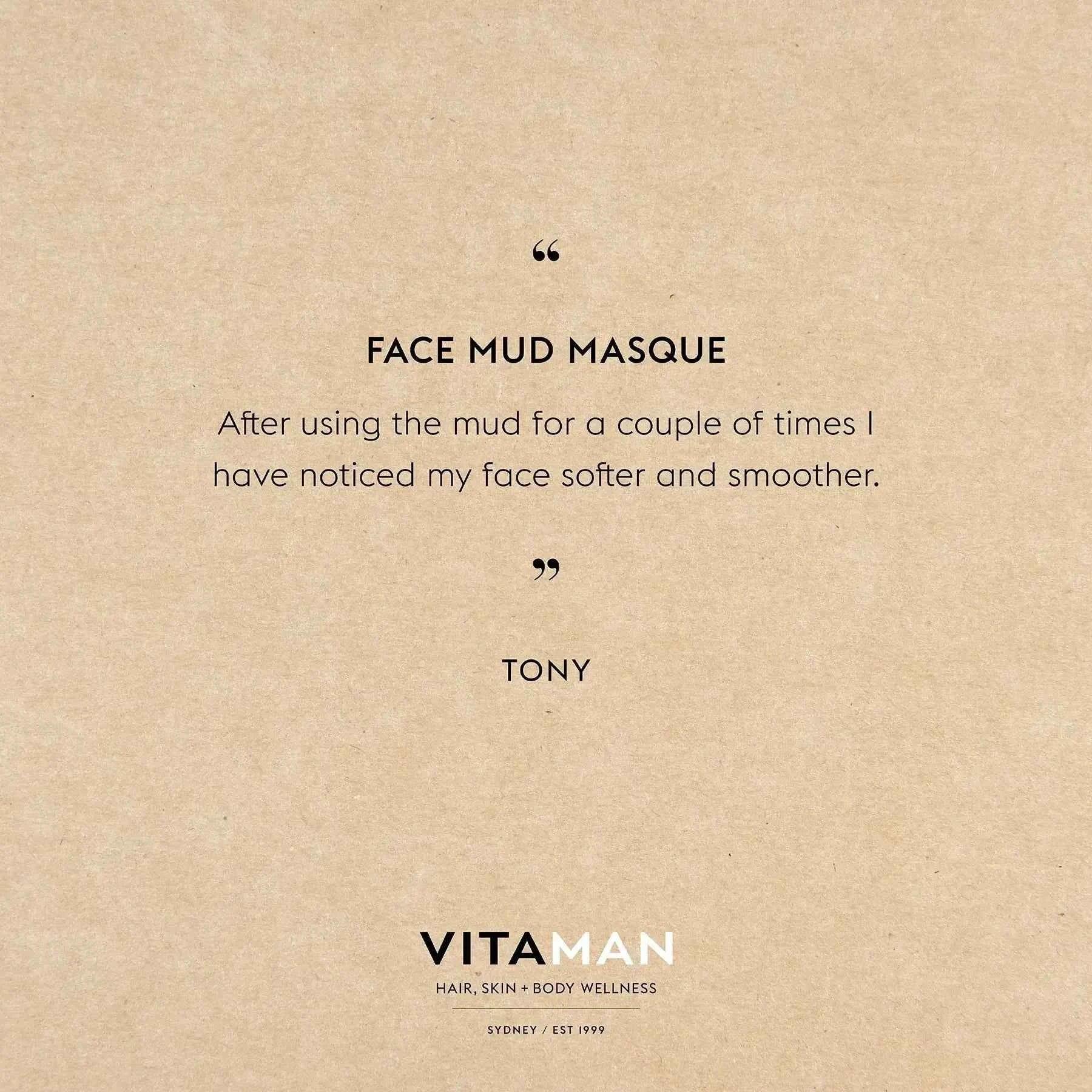 VITAMAN Australia Face Mud Masque 100ml for men's skincare, showing a jar of clay mask with natural ingredients and skincare branding.