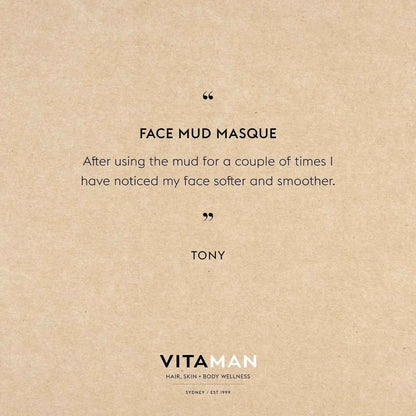 VITAMAN Australia Face Mud Masque 100ml for men's skincare, showing a jar of clay mask with natural ingredients and skincare branding.