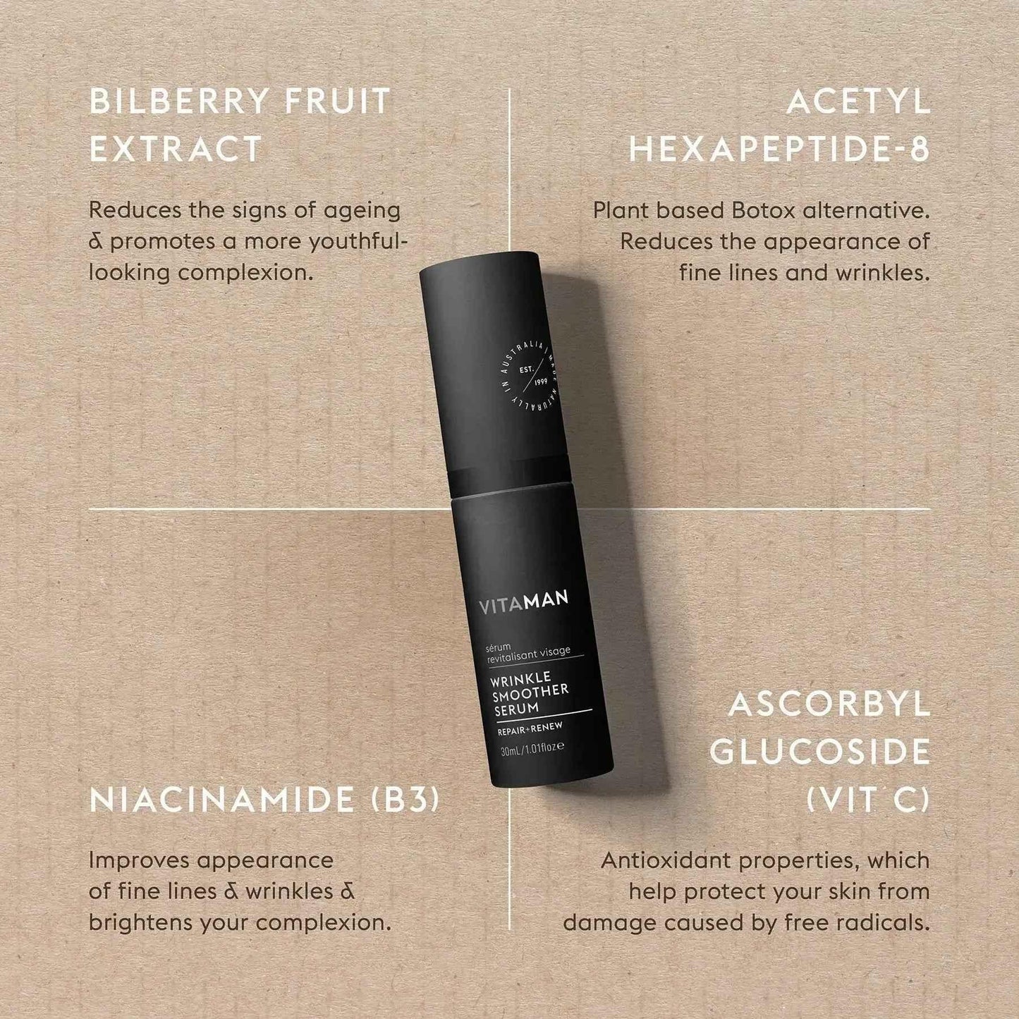 VITAMAN Australia wrinkle smoother face serum in 30ml bottle, smooths and rejuvenates skin with anti-aging formula.