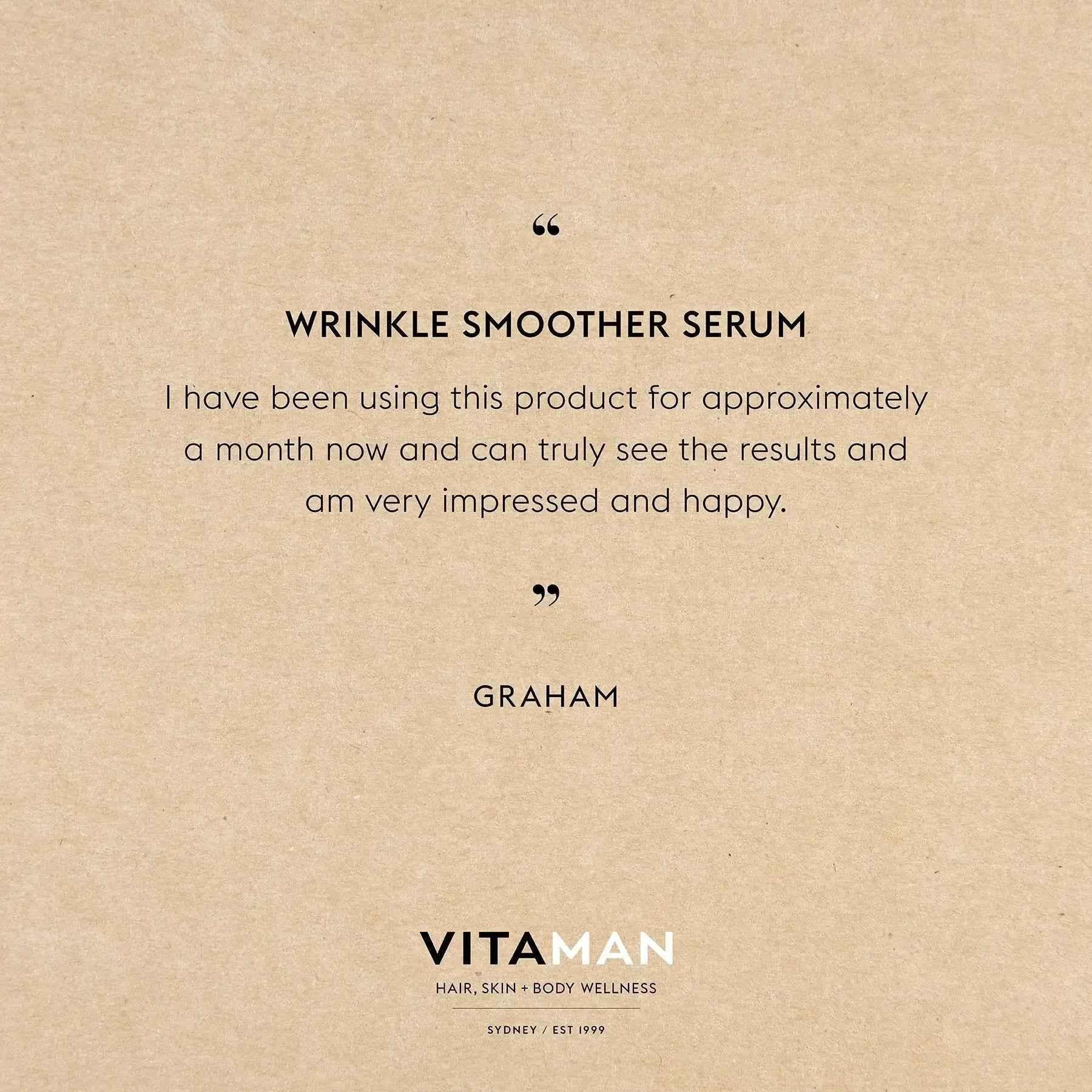 VITAMAN Australia wrinkle smoother serum for face, 30ml bottle with smooth, youthful skin on the product display