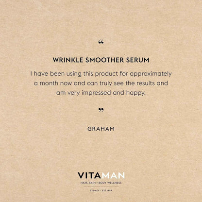 VITAMAN Australia wrinkle smoother serum for face, 30ml bottle with smooth, youthful skin on the product display
