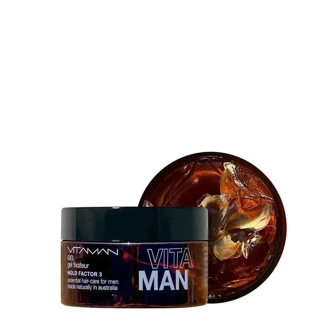 VITAMAN Australia men's medium hold gel for hair, 100g, with a transparent bottle showing the gel inside.
