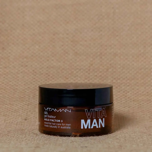 VITAMAN Australia men's medium hold hair gel in 100g container, ideal for styling and essential skin care.