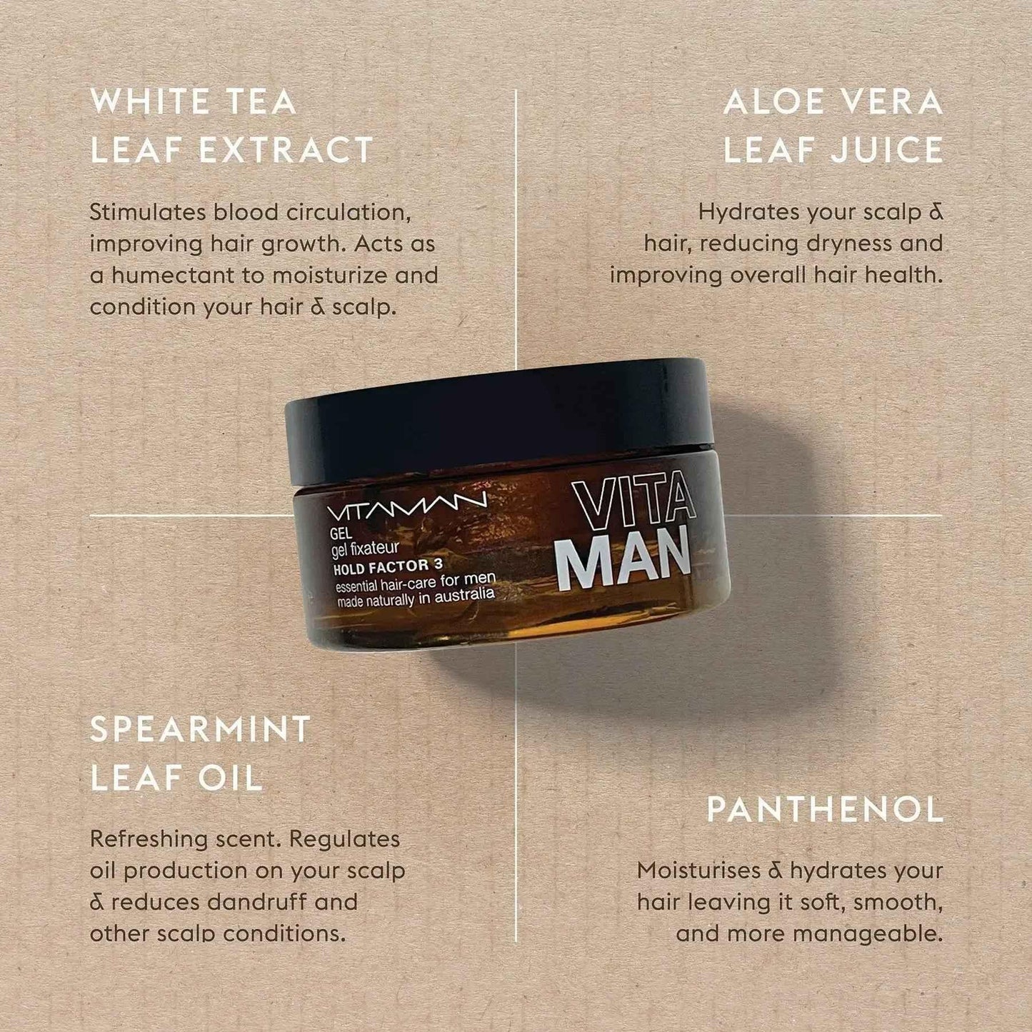 VITAMAN Australia men's medium hold gel for hair, 100g, suitable for essential skin and hair care with natural styling hold