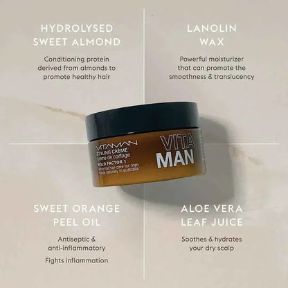VITAMAN Australia hair styling creme in 100g jar, featuring light hold for effortless, flexible hair styling.