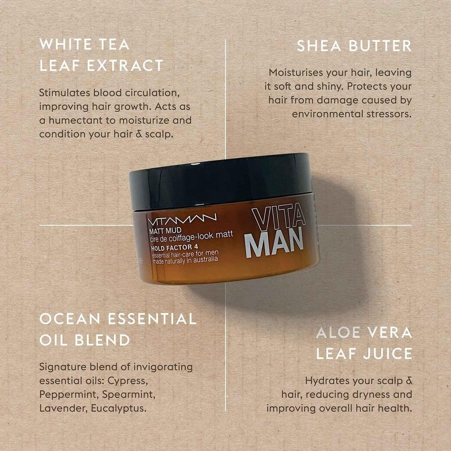 VITAMAN Australia Matt Mud Max Hold 100g hair styling clay showing a jar with a black lid and product label.