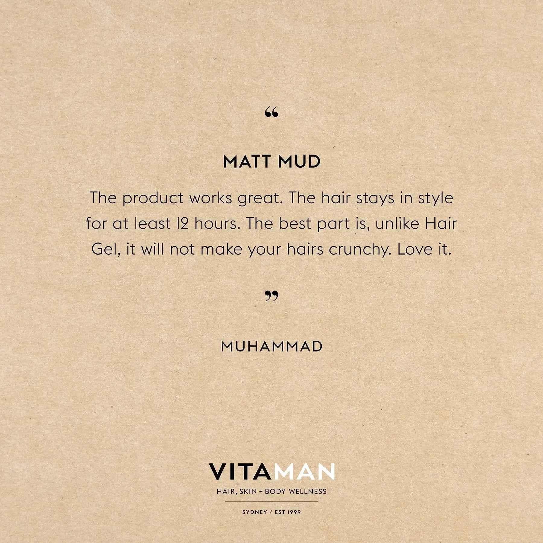 VITAMAN Australia Matt Mud Max Hold 100g hair styling clay with strong hold and matte finish, ideal for textured hairstyles.