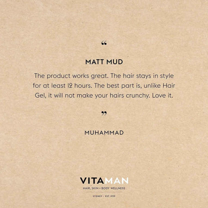VITAMAN Australia Matt Mud Max Hold 100g hair styling clay with strong hold and matte finish, ideal for textured hairstyles.