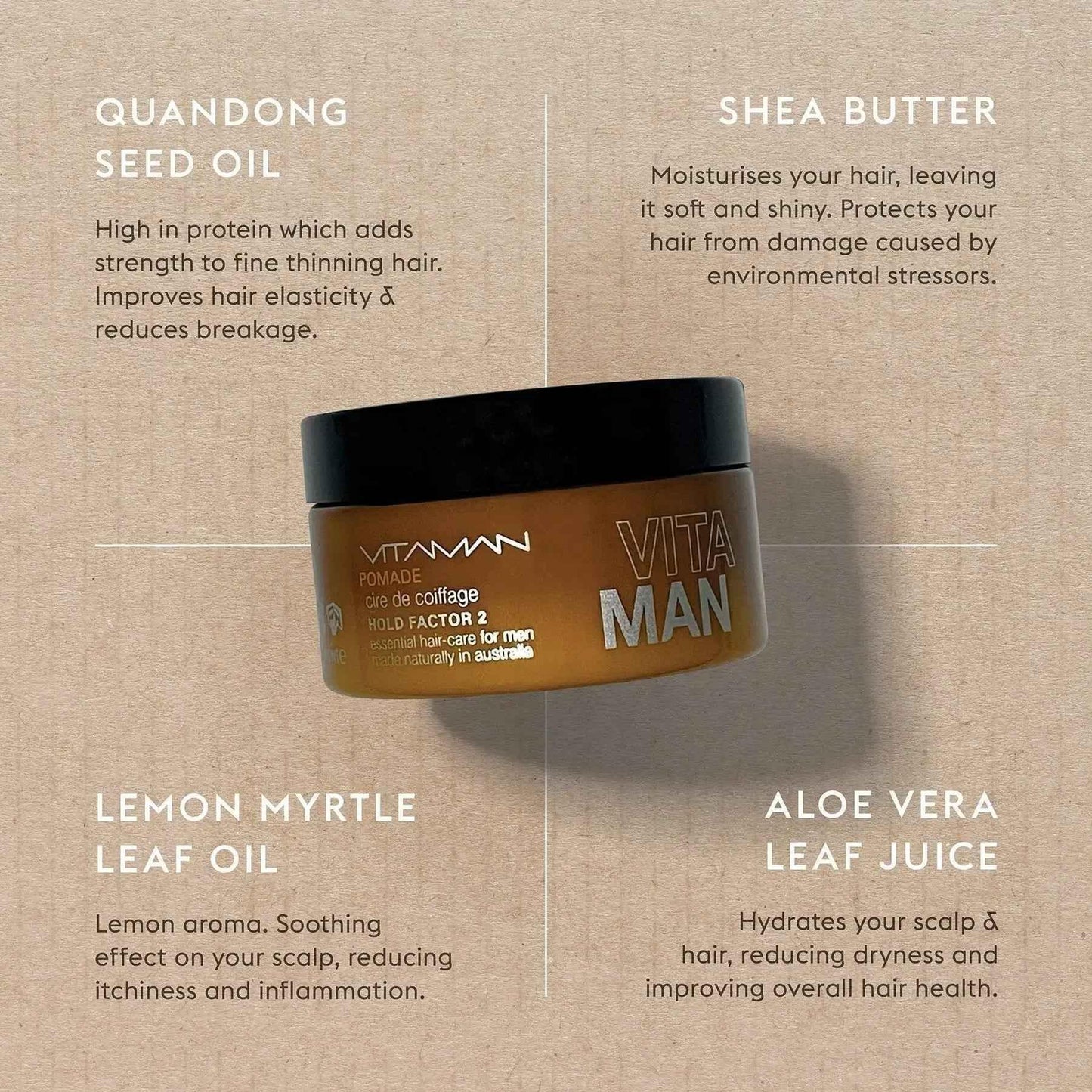 VITAMAN Australia hair pomade in 100g jar, with a shiny, styled hair look showing the product's texture and packaging.