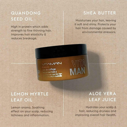 VITAMAN Australia hair pomade in 100g jar, with a shiny, styled hair look showing the product's texture and packaging.