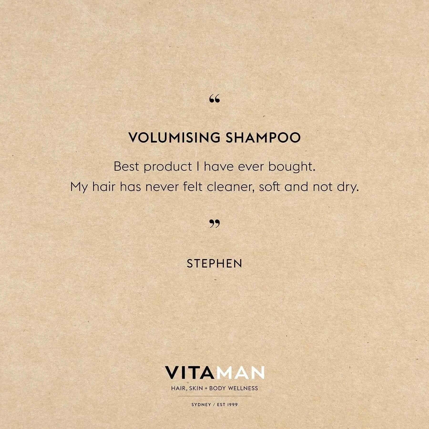 VITAMAN Australia volumizing shampoo bottle for fuller, thicker hair, 250ml, with bright label and sleek design.