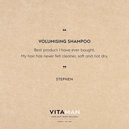 VITAMAN Australia volumizing shampoo bottle for fuller, thicker hair, 250ml, with bright label and sleek design.