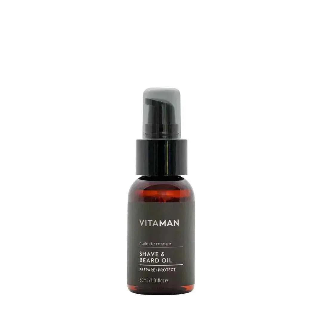 VITAMAN Australia shave and beard oil in a sleek bottle, designed for smooth shaving and beard care, with natural ingredients.