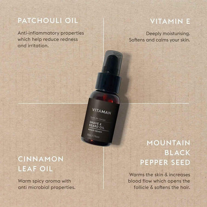 VITAMAN Australia shave and beard oil in a clear glass bottle with a pump dispenser, designed for grooming and beard care.
