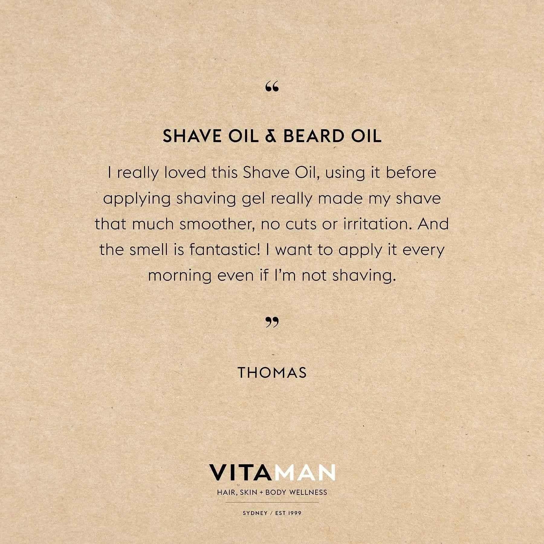 VITAMAN Australia shave and beard oil, natural grooming product for smooth shave and healthy beard care.