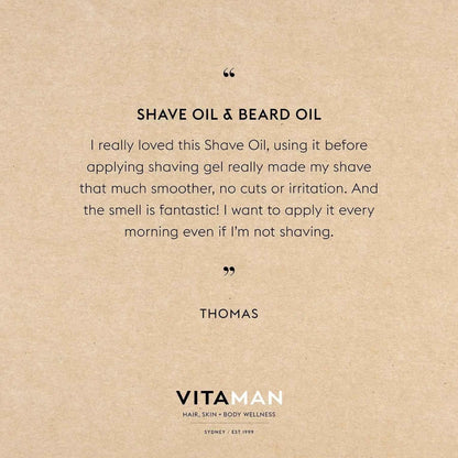 VITAMAN Australia shave and beard oil, natural grooming product for smooth shave and healthy beard care.