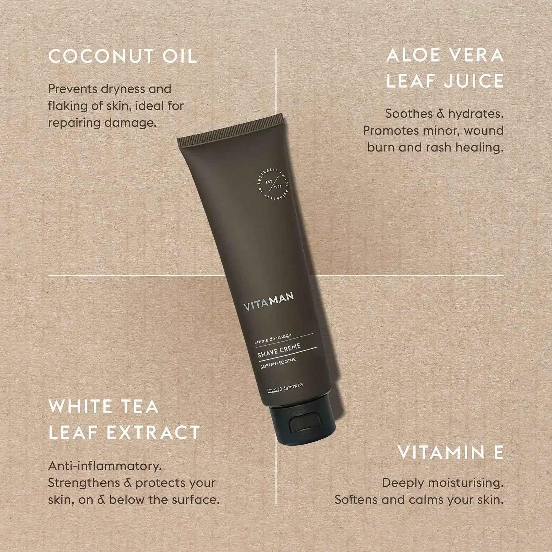 VITAMAN Australia shave cream in a 150ml tube, designed for beard and facial hair grooming, with a creamy texture.