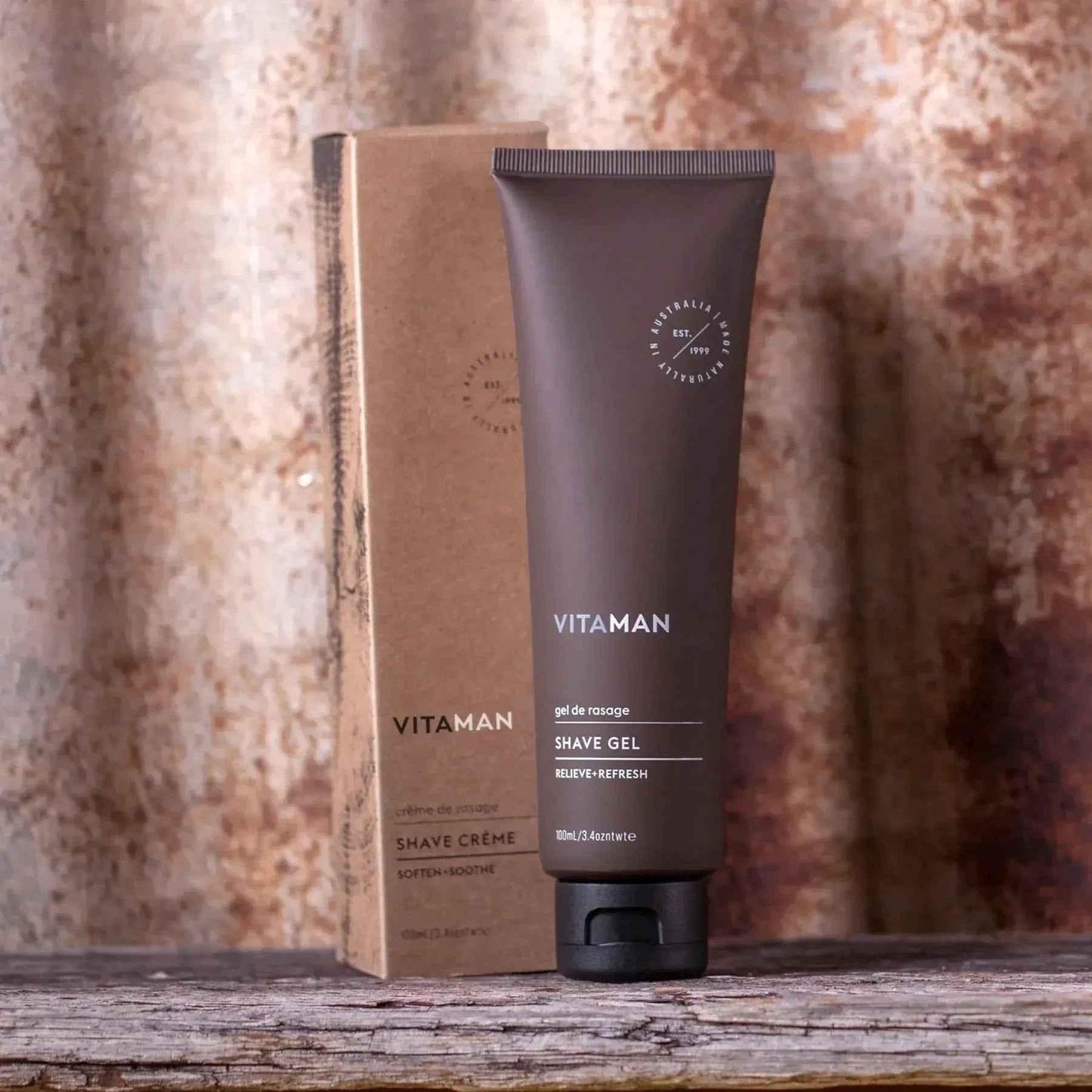 VITAMAN Australia shave gel for beard and face care, with a clear tube showing the gel inside, designed for smooth shaving.