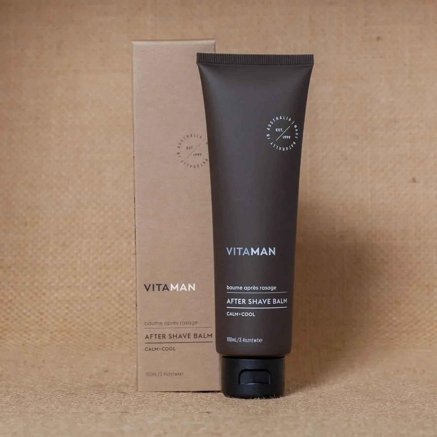 VITAMAN Australia men's after shave balm in a sleek container, part of men's skincare routine for soothing and hydrating skin.