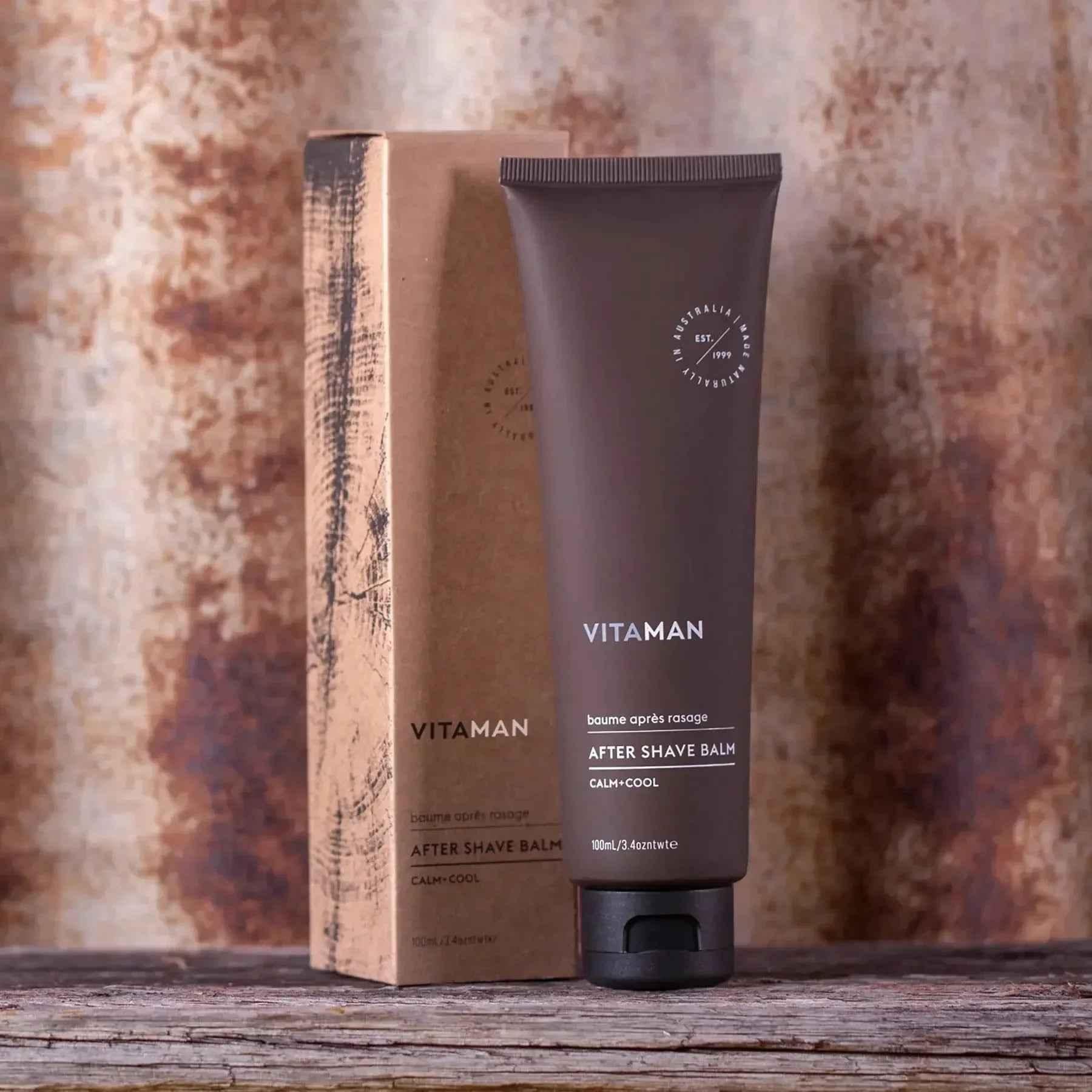 VITAMAN Australia men's after shave balm in a sleek bottle, designed for soothing and hydrating men's skincare after shaving.