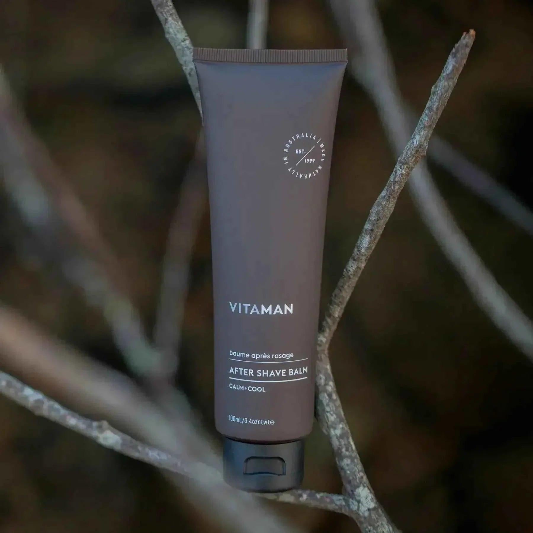 VITAMAN Australia men's after shave balm, soothing skincare product for men, in a sleek bottle with a pump dispenser.