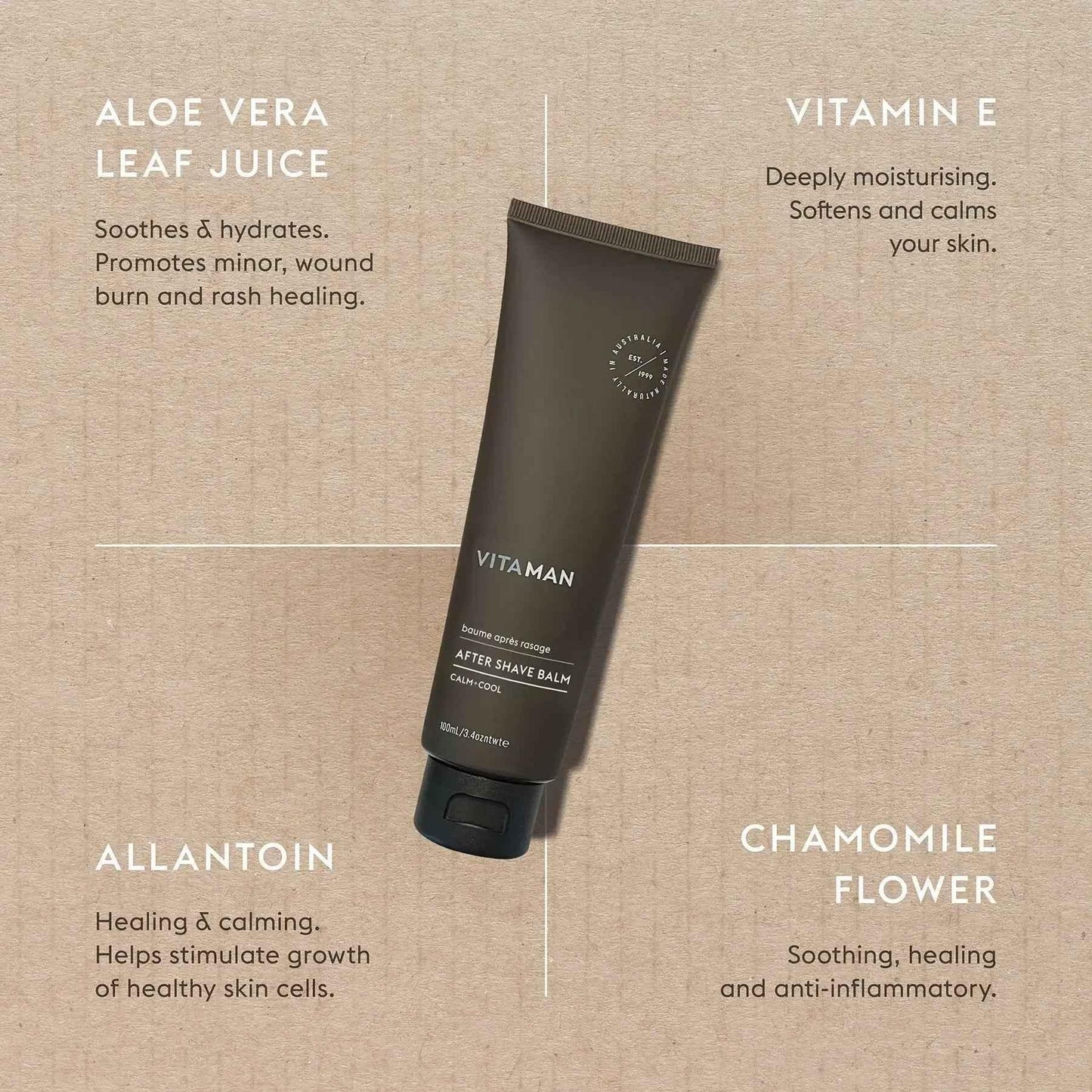 VITAMAN Australia men's after shave balm in a sleek bottle, designed for soothing and hydrating men's skincare after shaving.