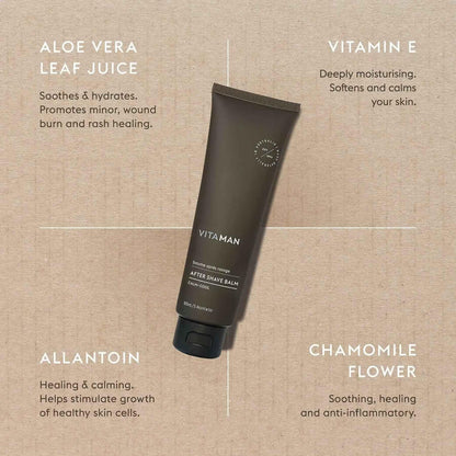 VITAMAN Australia men's after shave balm in a sleek bottle, designed for soothing and hydrating men's skincare after shaving.