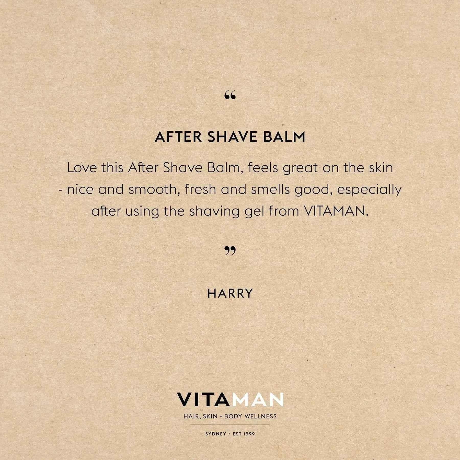 VITAMAN Australia men's after shave balm in a sleek container, part of skincare routine for revitalized, refreshed skin.