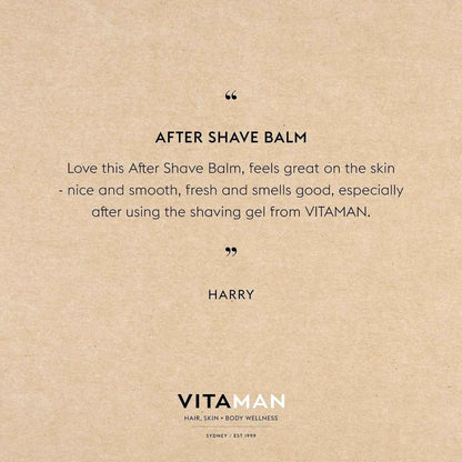 VITAMAN Australia men's after shave balm in a sleek container, part of skincare routine for revitalized, refreshed skin.