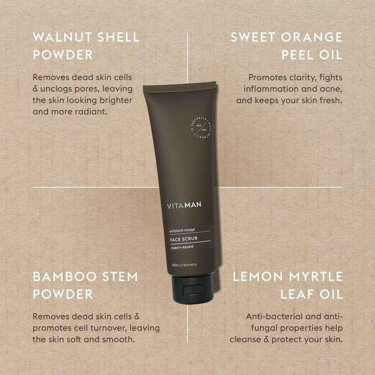 VITAMAN Australia face scrub for skincare, displaying exfoliating particles and a tube of the facial scrub product.