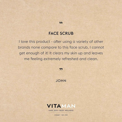 VITAMAN Australia face scrub in a skincare jar, showing the textured exfoliating product for clean, refreshed skin.