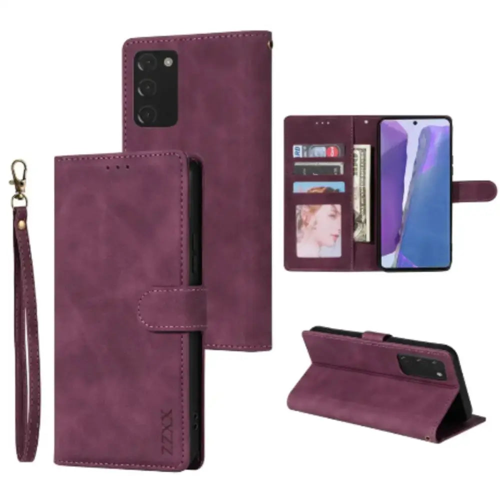Wallet Flip Case for Galaxy S25/S24/Note/A Series (Wine Red) Habicare