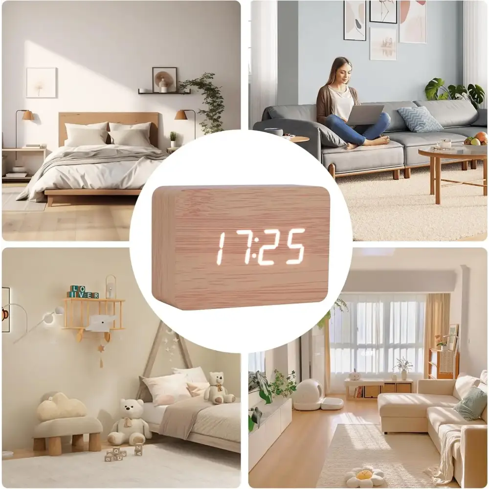 Wooden LED Digital Alarm Clock with Temperature Display & Night Light (4 colours available) Habicare