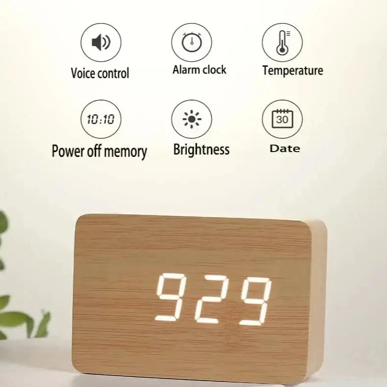 Wooden LED Digital Alarm Clock with Temperature Display & Night Light (4 colours available) Habicare